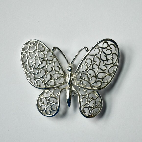 Jewelry - Vintage Silver Tone Large Filigree Butterfly Brooch Pin